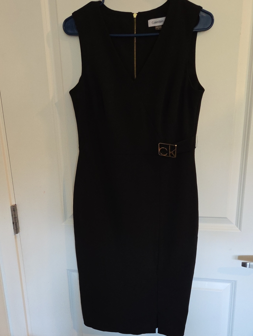 Calvin Klein Sleek Black V-Neck Sheath Dress with CK Logo Accent